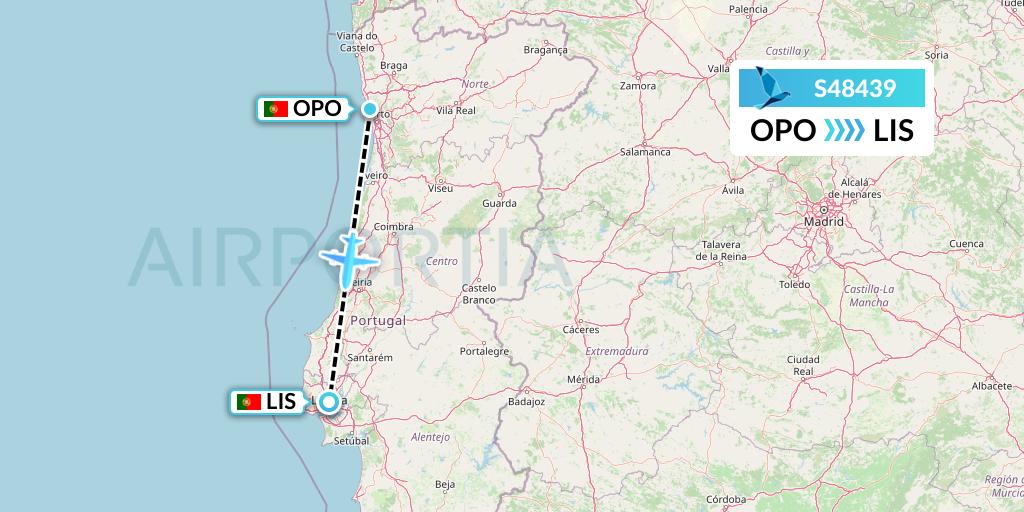 S48439 Azores Airlines Flight Map: Porto to Lisbon