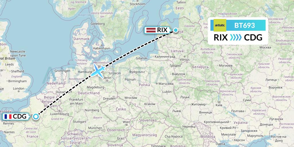 BT693 Air Baltic Flight Map: Riga to Paris