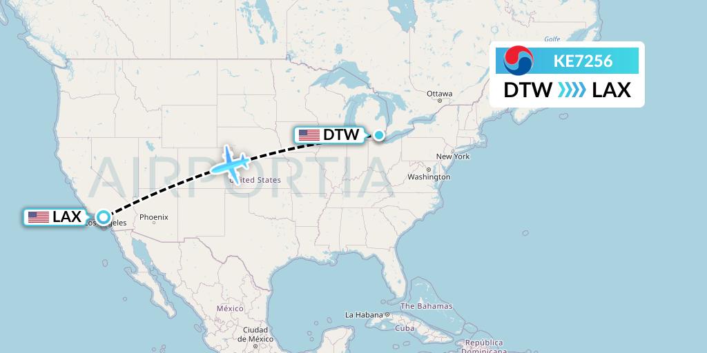 KE7256 Korean Air Flight Map: Detroit to Los Angeles