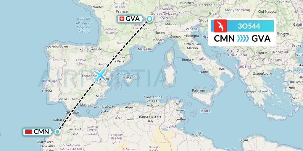 3O544 Air Arabia Maroc Flight Map: Casablanca to Geneva