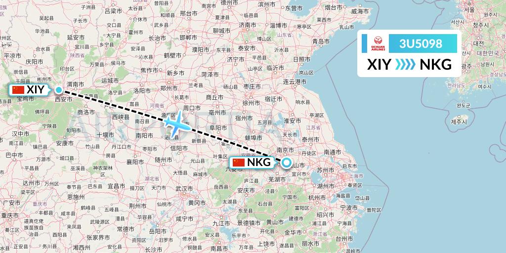 3U5098 Sichuan Airlines Flight Map: Xi'an to Nanjing