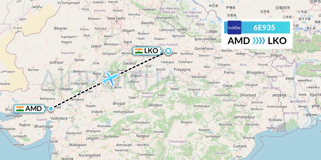 6E935 IndiGo Airlines Flight Map: Ahmedabad to Lucknow