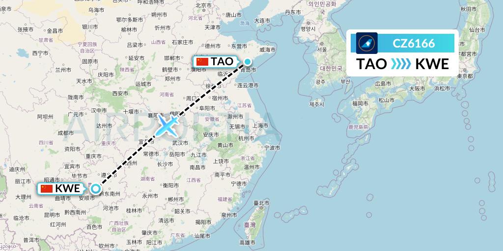 CZ6166 China Southern Airlines Flight Map: Qingdao to Guiyang