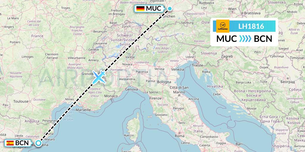 LH1816 Lufthansa Flight Map: Munich to Barcelona