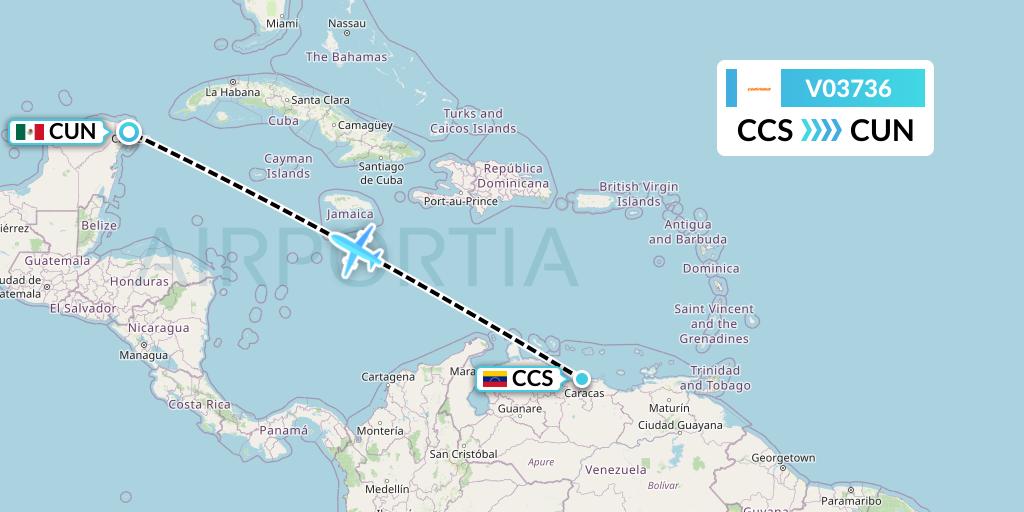 V03736 Conviasa Flight Map: Caracas to Cancun