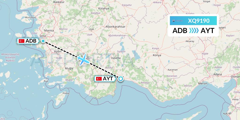 XQ9190 SunExpress Flight Map: Izmir to Antalya