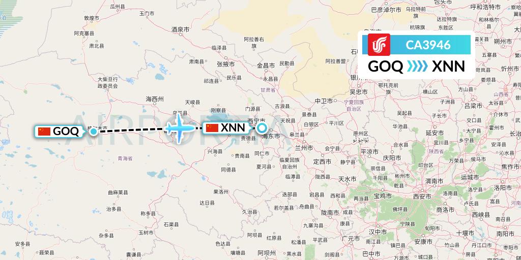 CA3946 Air China Flight Map: Golmud to Xining