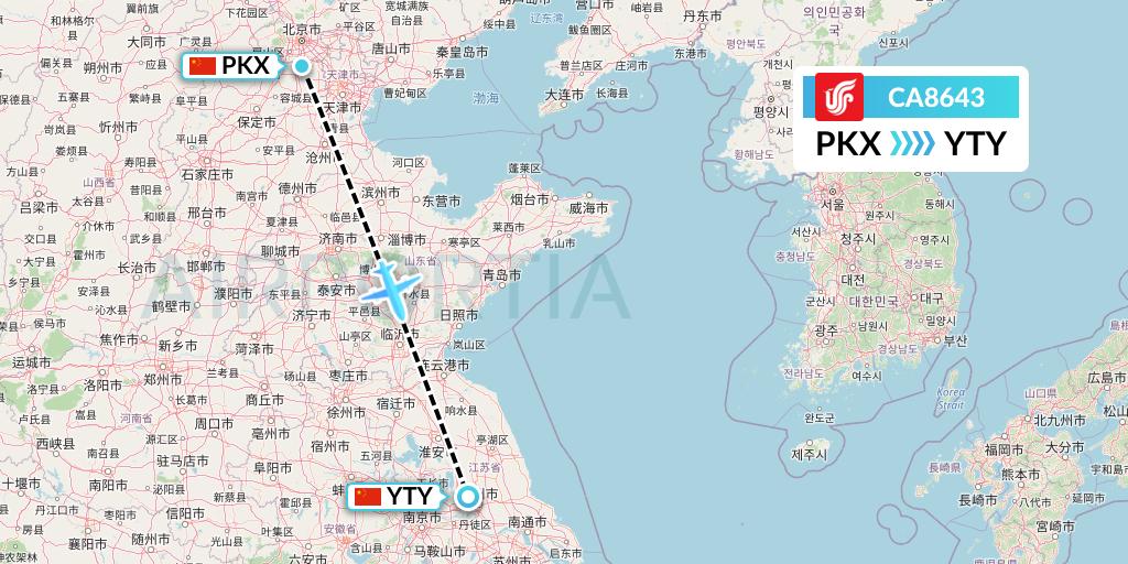 CA8643 Air China Flight Map: Beijing to Yangzhou