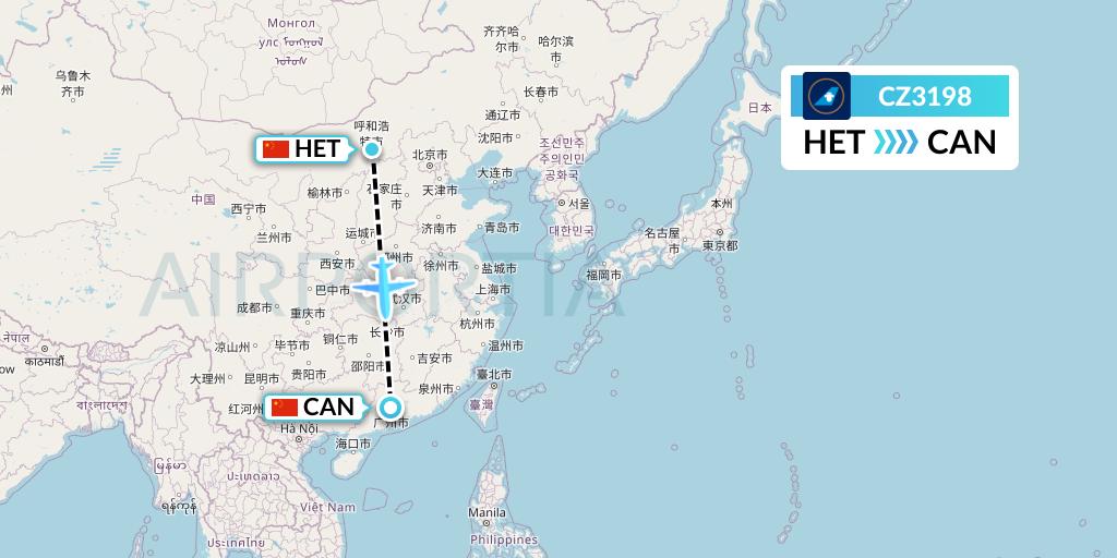 CZ3198 China Southern Airlines Flight Map: Hohhot to Guangzhou