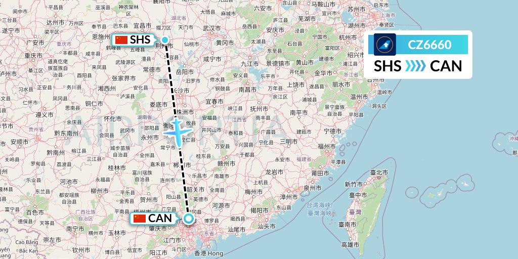 CZ6660 China Southern Airlines Flight Map: Shashi to Guangzhou
