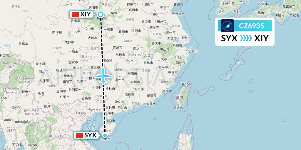 CZ6935 China Southern Airlines Flight Map: Sanya to Xi'an