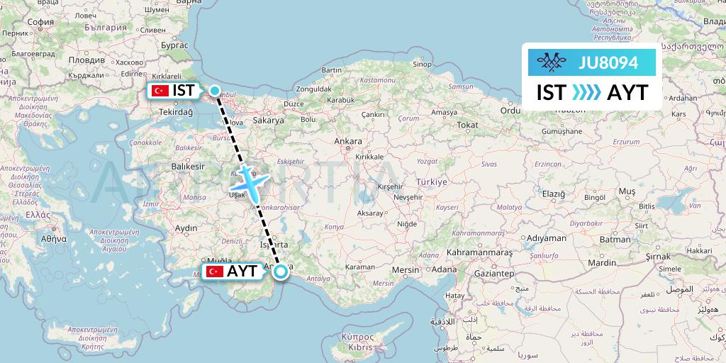 JU8094 AirSERBIA Flight Map: Istanbul to Antalya