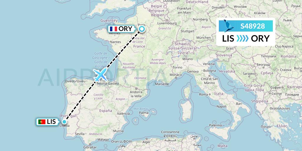 S48928 Azores Airlines Flight Map: Lisbon to Paris