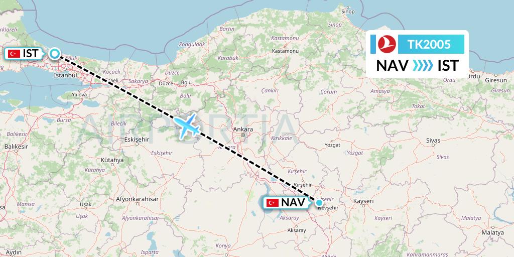 TK2005 Turkish Airlines Flight Map: Nevsehir to Istanbul