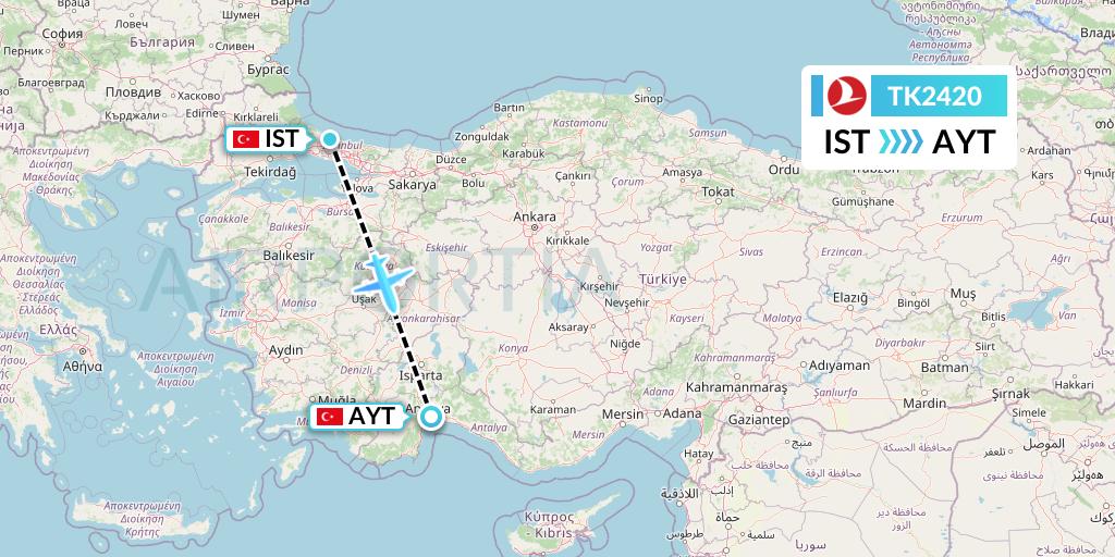 TK2420 Turkish Airlines Flight Map: Istanbul to Antalya