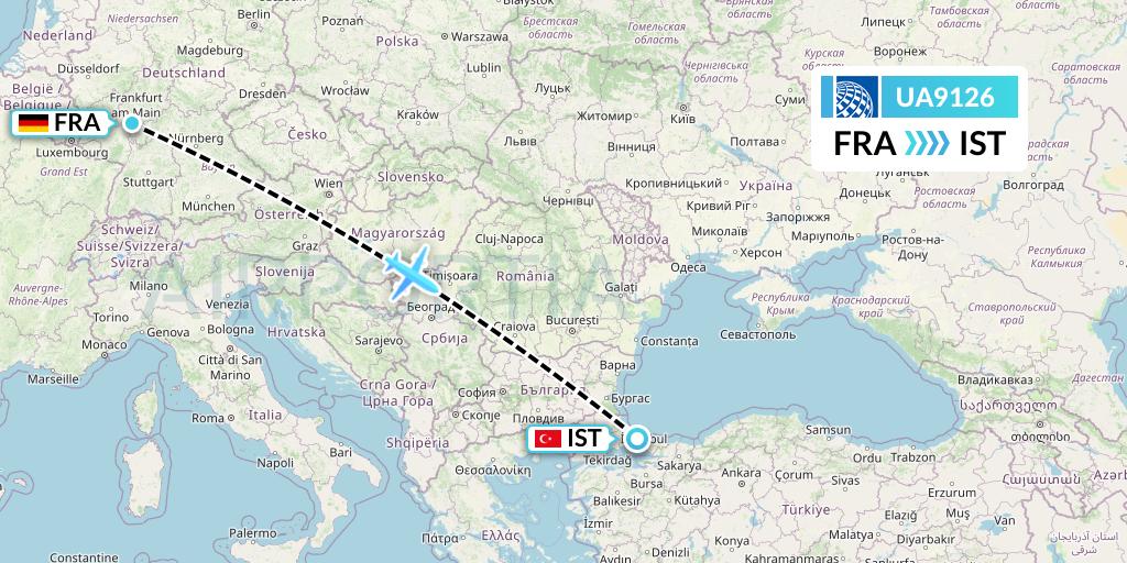 UA9126 United Airlines Flight Map: Frankfurt to Istanbul