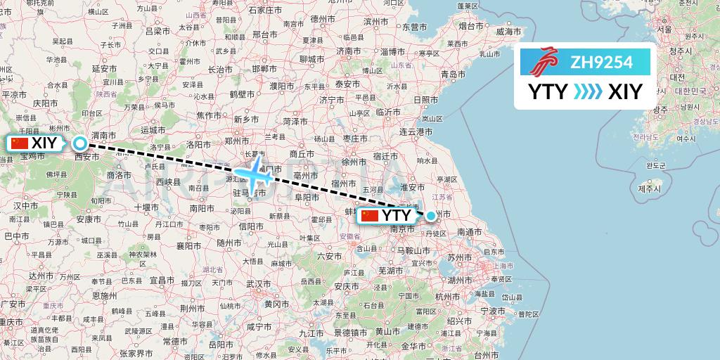 ZH9254 Shenzhen Airlines Flight Map: Yangzhou to Xi'an