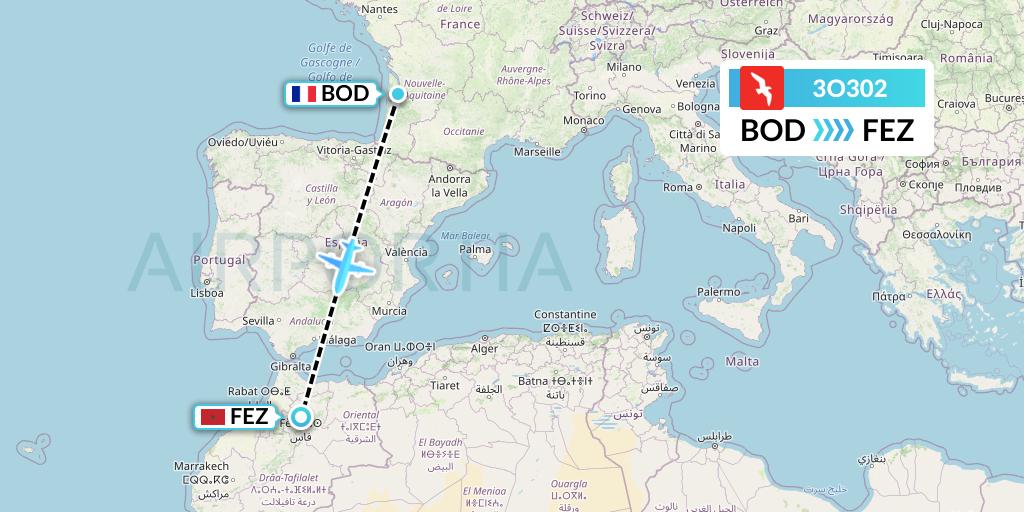 3O302 Air Arabia Maroc Flight Map: Bordeaux to Fes