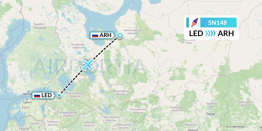 5N148 Nordavia Flight Map: St. Petersburg to Arkhangelsk