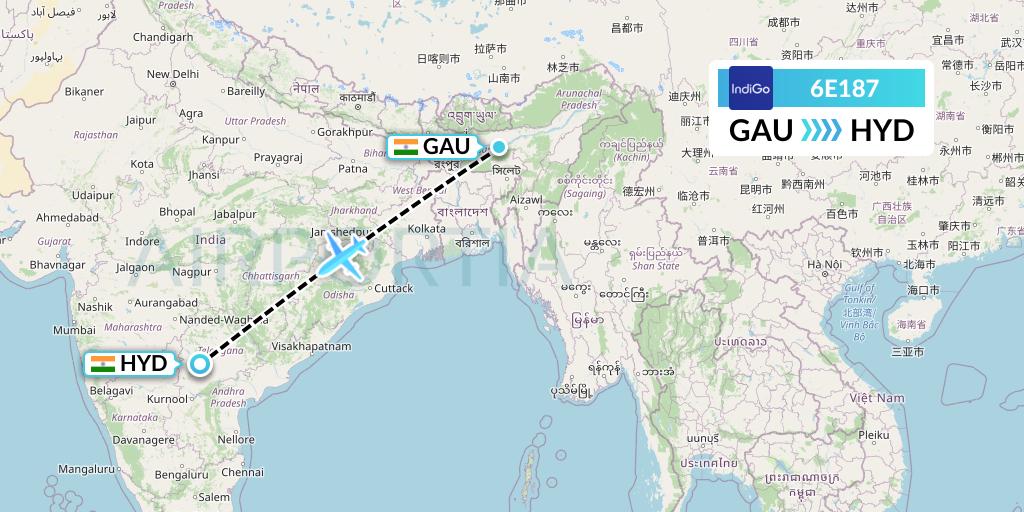 6E187 IndiGo Airlines Flight Map: Guwahati to Hyderabad