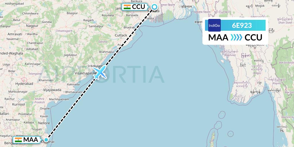 6E923 IndiGo Airlines Flight Map: Chennai to Kolkata