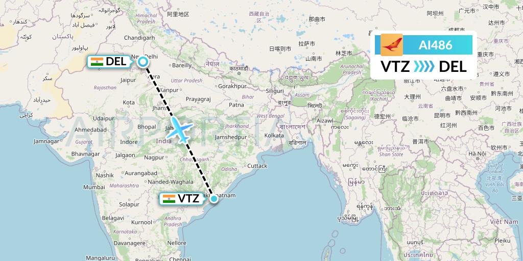 AI486 Air India Flight Map: Visakhapatnam to Delhi