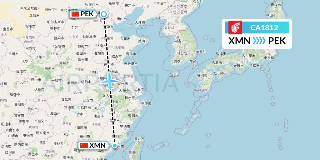 CA1812 Air China Flight Map: Xiamen to Beijing