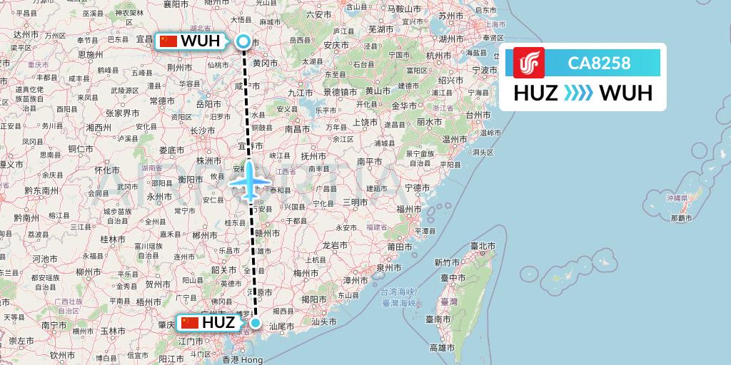 CA8258 Air China Flight Map: Huizhou to Wuhan