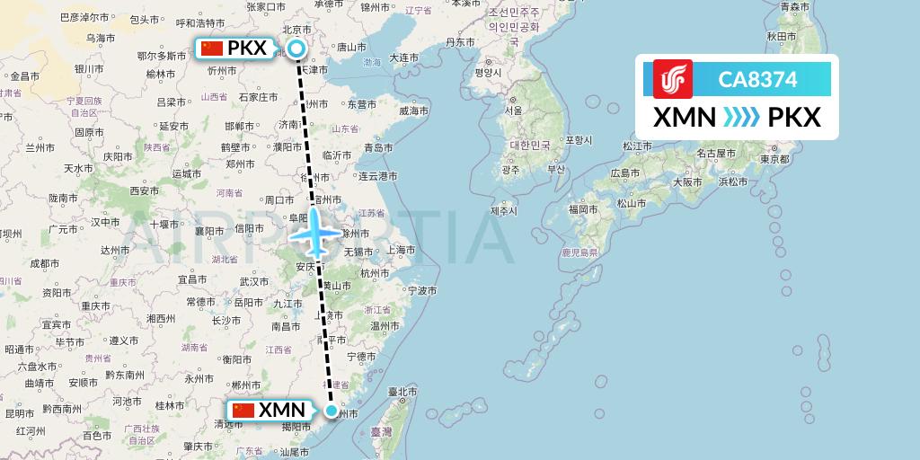 CA8374 Air China Flight Map: Xiamen to Beijing