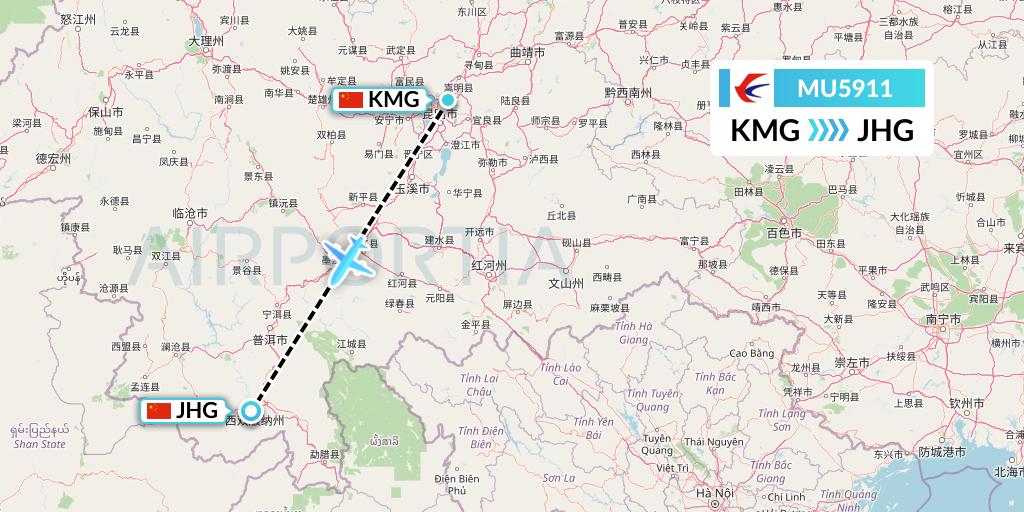 MU5911 China Eastern Airlines Flight Map: Kunming to Jinghong