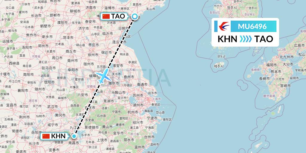 MU6496 China Eastern Airlines Flight Map: Nanchang to Qingdao
