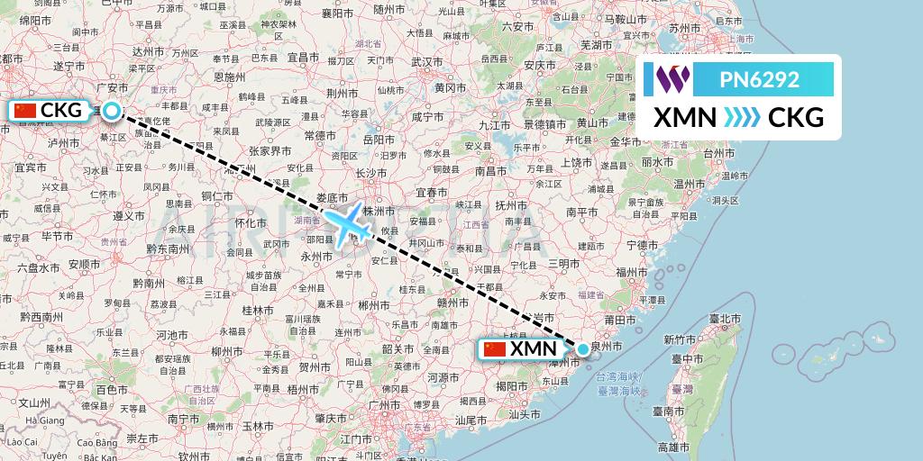 PN6292 China West Air Flight Map: Xiamen to Chongqing