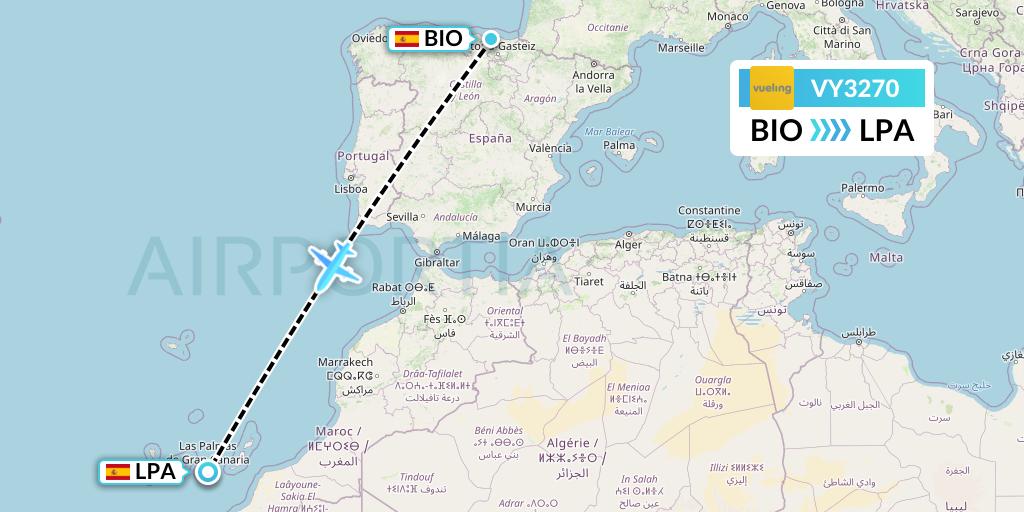 VY3270 Vueling Flight Map: Bilbao to Las Palmas
