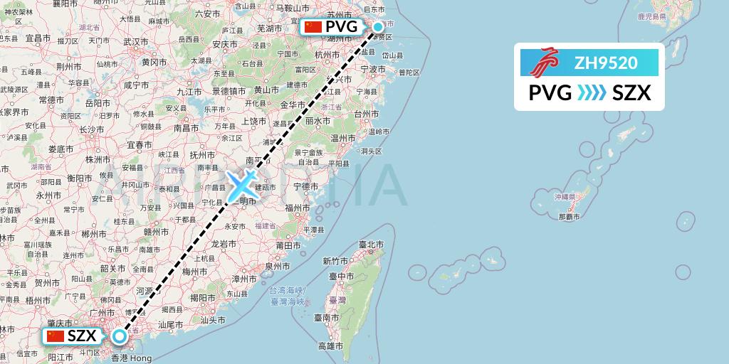 ZH9520 Shenzhen Airlines Flight Map: Shanghai to Shenzhen