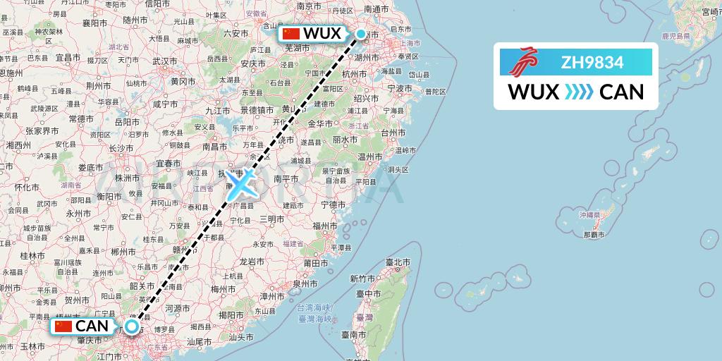 ZH9834 Shenzhen Airlines Flight Map: Wuxi to Guangzhou