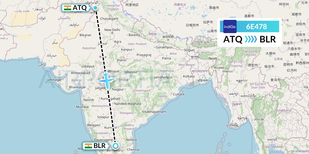 6E478 IndiGo Airlines Flight Map: Amritsar to Bangalore