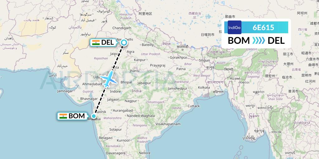6E615 IndiGo Airlines Flight Map: Mumbai to Delhi