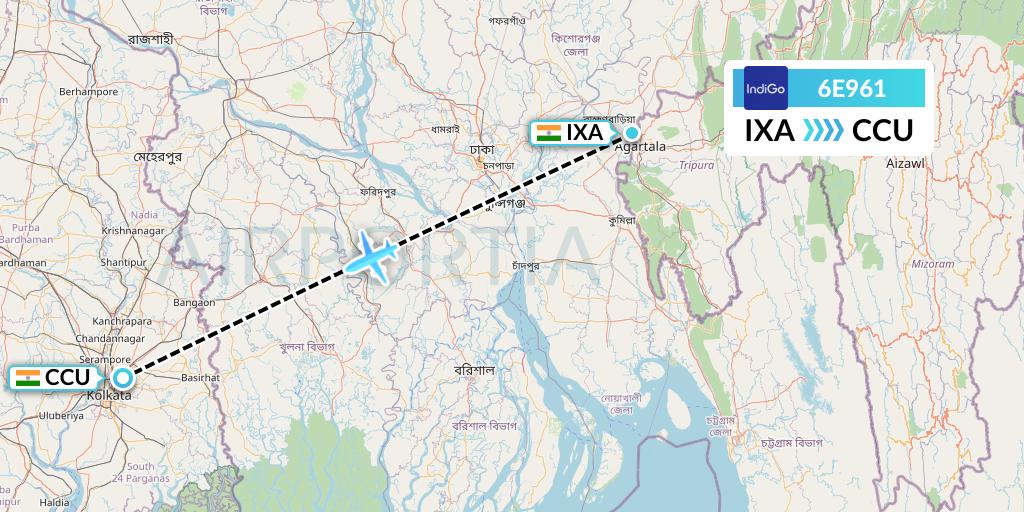 6E961 IndiGo Airlines Flight Map: Agartala to Kolkata