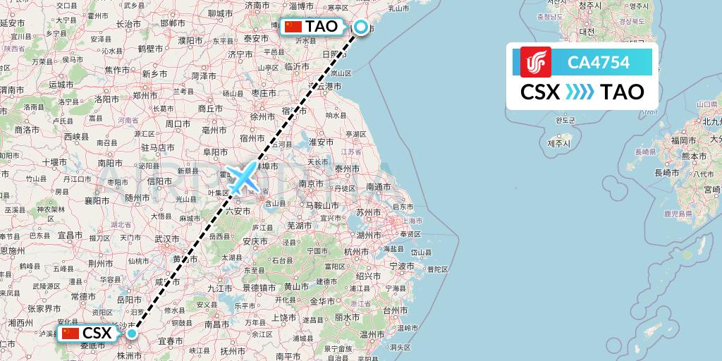 CA4754 Air China Flight Map: Changsha to Qingdao