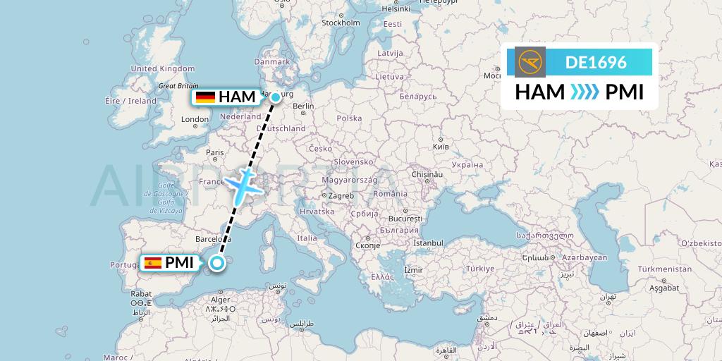 DE1696 Condor Flight Map: Hamburg to Palma de Mallorca