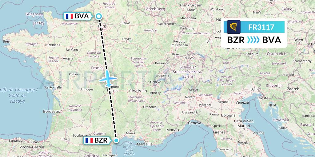 FR3117 Ryanair Flight Map: Beziers to Paris