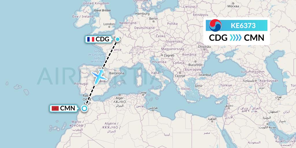 KE6373 Korean Air Flight Map: Paris to Casablanca