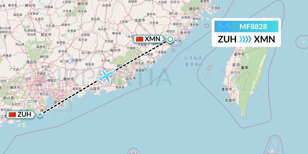MF8828 Xiamen Airlines Flight Map: Zhuhai to Xiamen