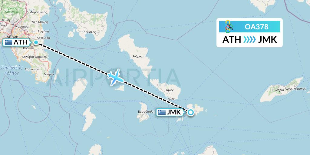OA378 Olympic Air Flight Map: Athens to Mykonos