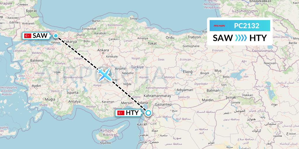 PC2132 Pegasus Airlines Flight Map: Istanbul to Antakya