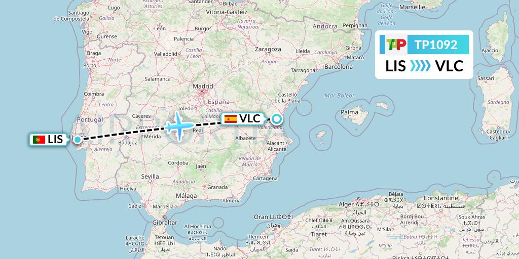 TP1092 TAP Portugal Flight Map: Lisbon to Valencia