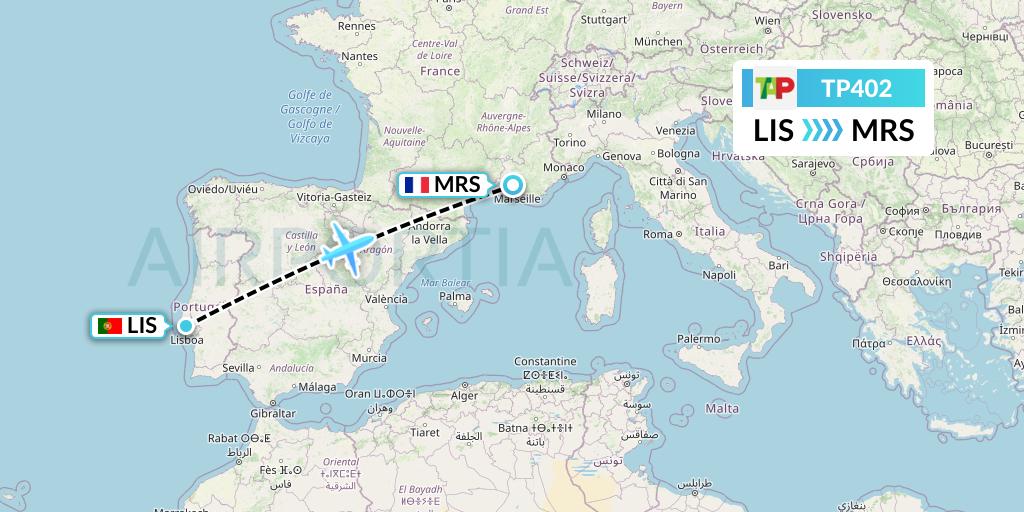 TP402 TAP Portugal Flight Map: Lisbon to Marseille