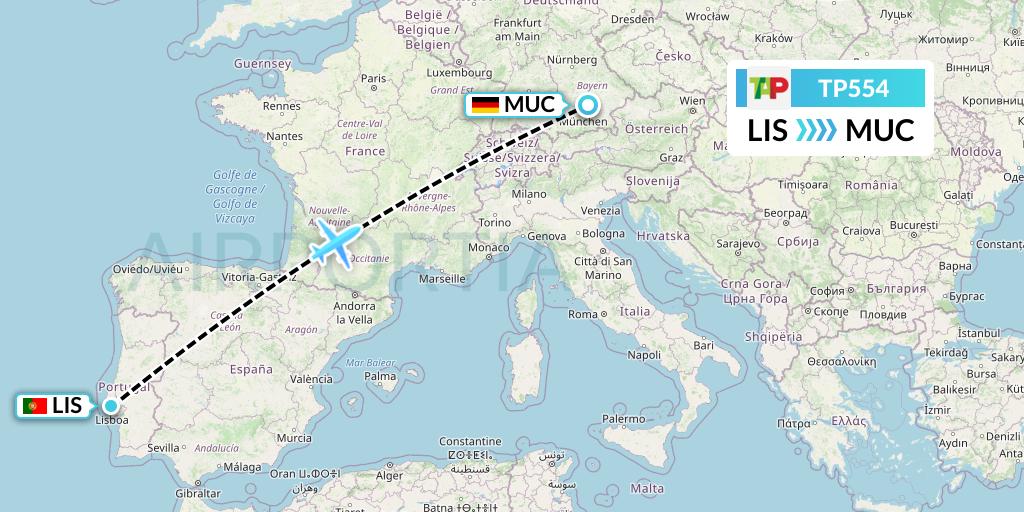 TP554 TAP Portugal Flight Map: Lisbon to Munich