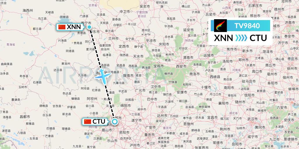 TV9840 Tibet Airlines Flight Map: Xining to Chengdu