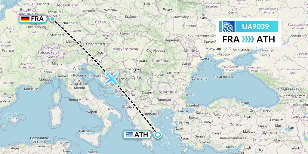 UA9039 United Airlines Flight Map: Frankfurt to Athens